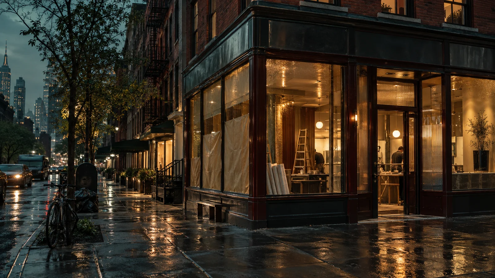 A New York City corner restaurant being renovated at blue hour