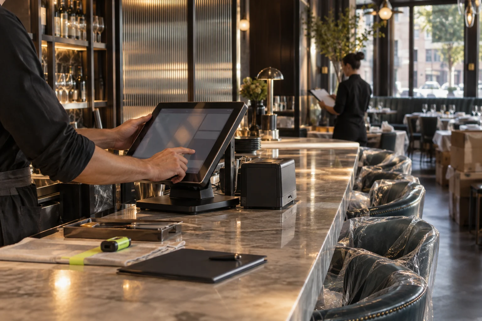 A point-of-sale system being set up inside a polished restaurant
