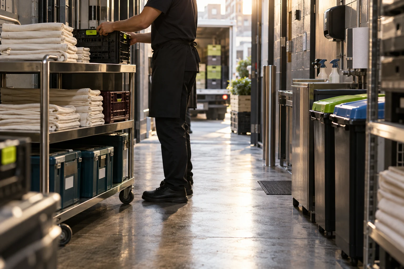 Restaurant service supplies arriving at a city loading entrance
